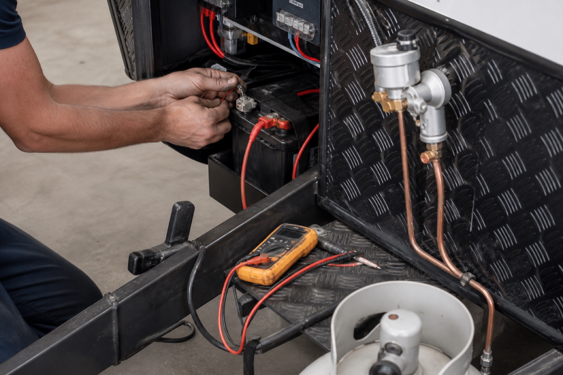 Close-up hands working on caravan electrical and gas systems